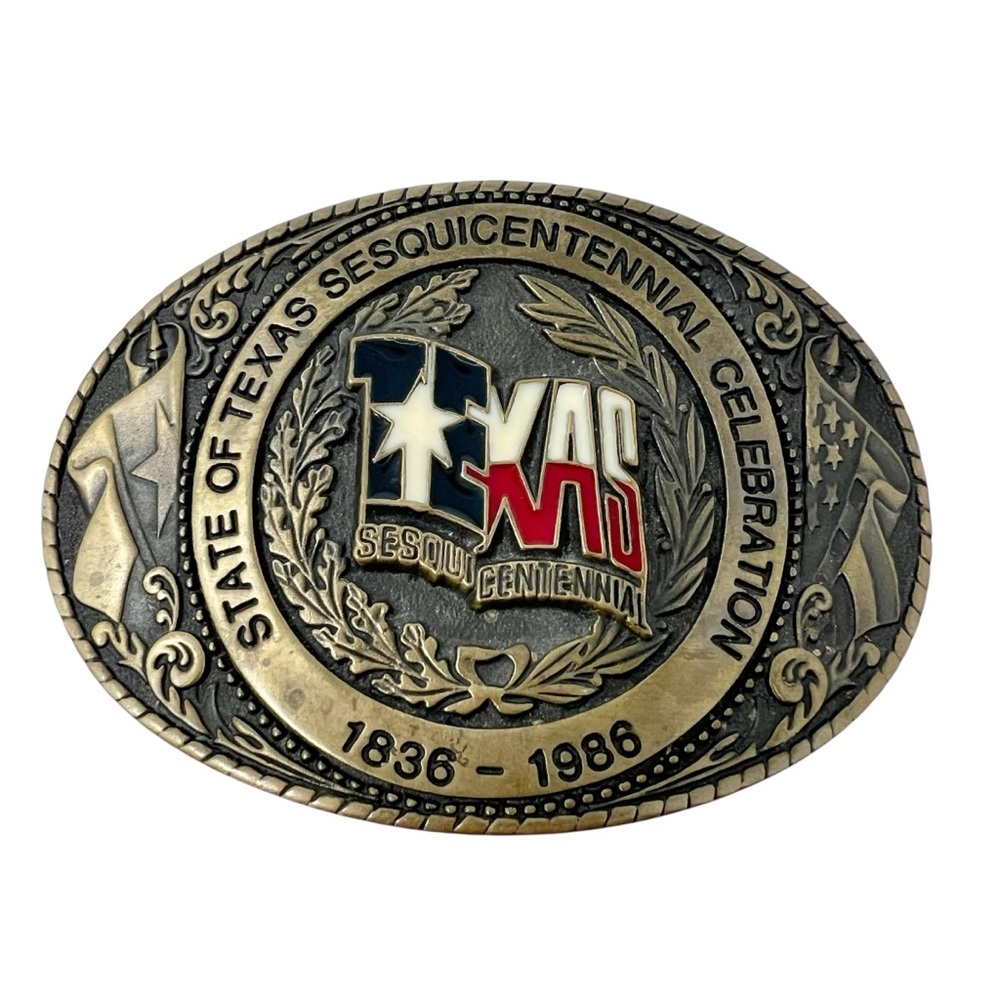 Vintage State of Texas Solid Brass Belt Buckle 1986 Sesquincentennial